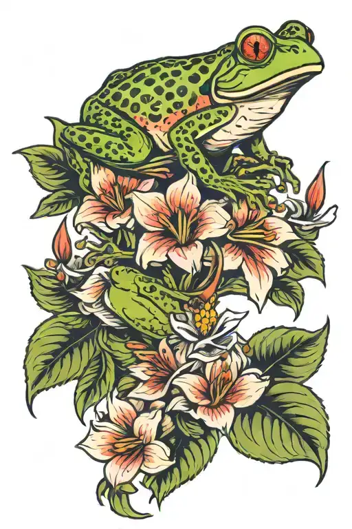 Flowers With Frog And Cardinal Perched