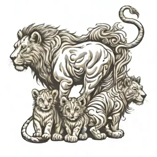 Momma Lion With 3 Baby Cubs Black And White Full Back