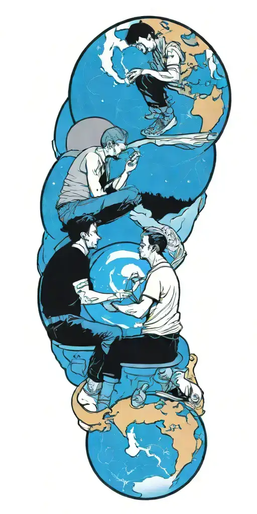 Two Brothers Sitting On The Moon Looking At Earth Globe Music