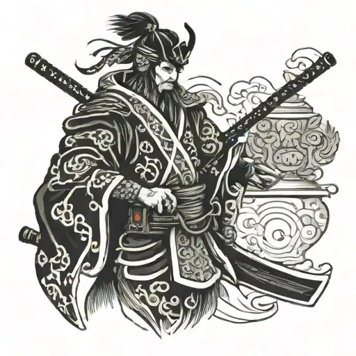 A Samurai With A Black Katana And A Censer