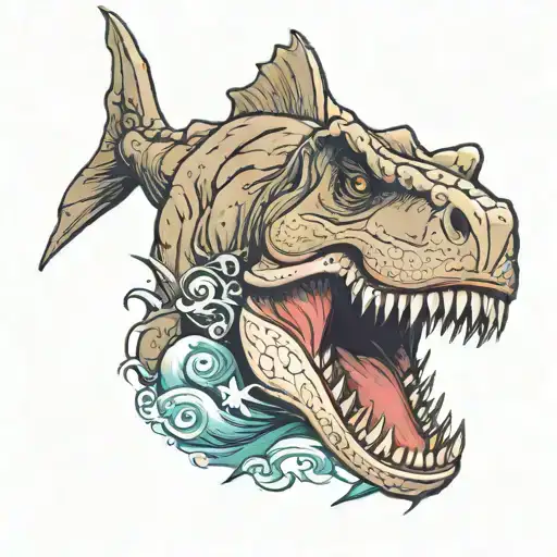 T-rex With A Shark Swimming In From Behind It