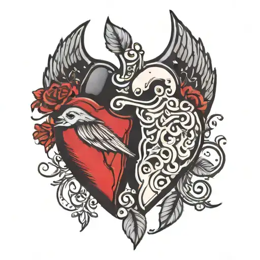 Broken Heart One Half Full Black With Red Wing And The Other Half Full Red With Black Wing