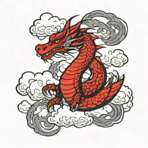Red Dragon In Black Clouds Surrounding Across With Small Heaven Clouds