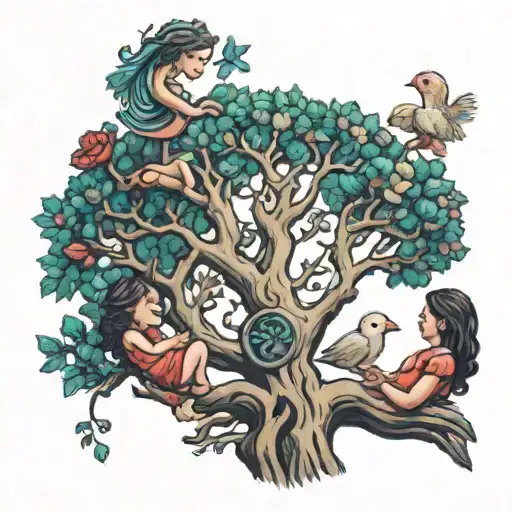 Tree Of Life Mother Hold Children Hands Colorful Hyper Realistic