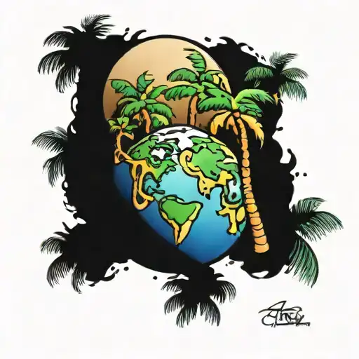 Palm Trees Wrapped Around Planet Earth Drawn