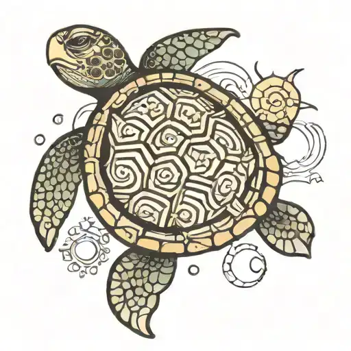 Turtle With Sun And Moon On Shell Pattern