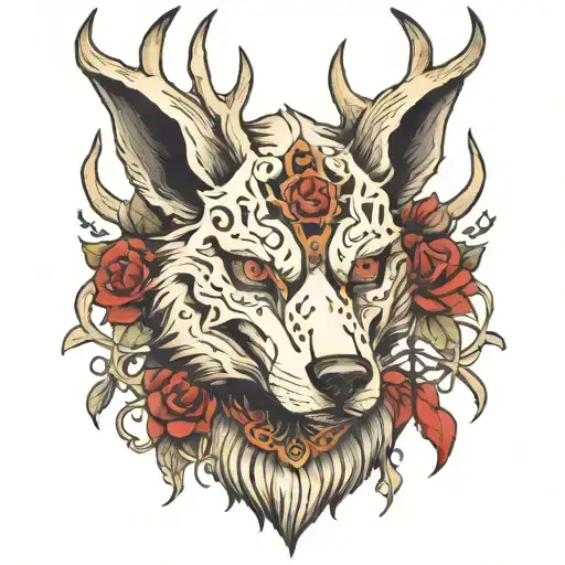 Skeletal Wolf With Antlers