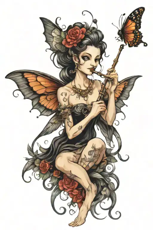 Dark Fairy Playing Flute Incorporated Elegantly