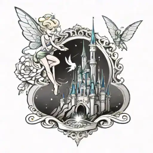 Disney Castle Main Feature Of Leg Sleeve With Tinkerbell Flying Around Classic Disney Symbolism