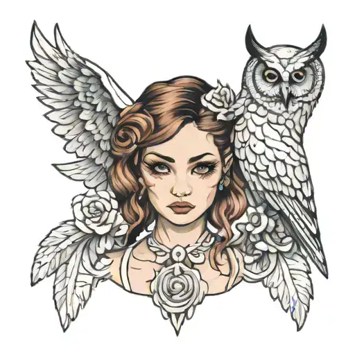 Feminine Face With An Owl On Top Of Her Shoulder