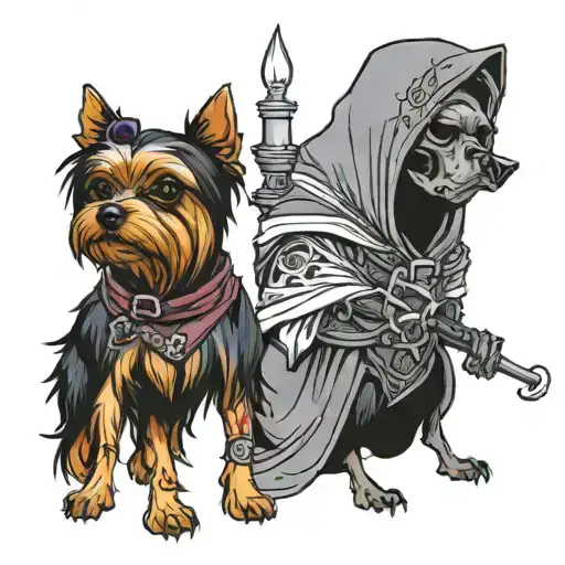 Reaper Standing Next To A Little Yorkie Who Barks At Her