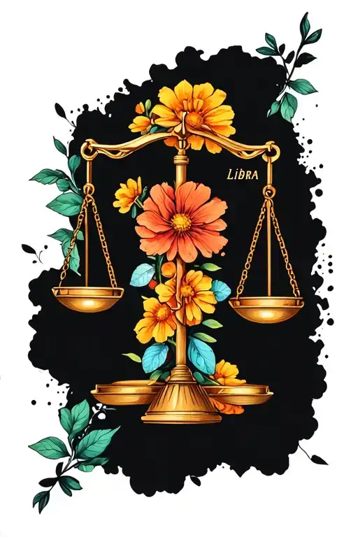 Libra Scales With Cosmos And Marigold Flowers And Libra Symbol