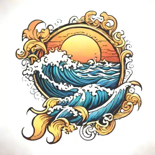 Ocean Waves And Sun Setting