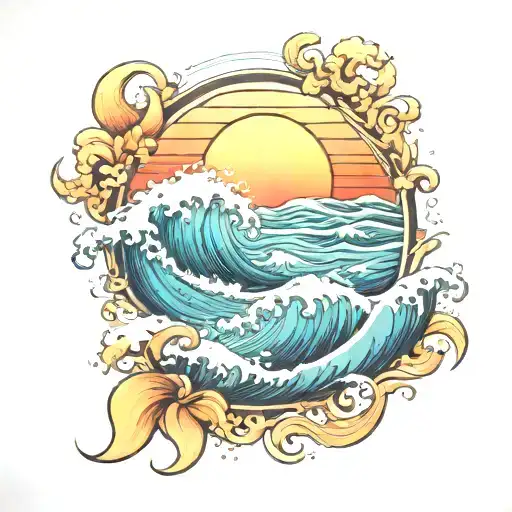 Ocean Waves And Sun Setting