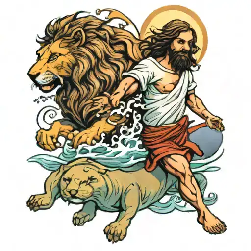 Jesus And Lion Walking On Water