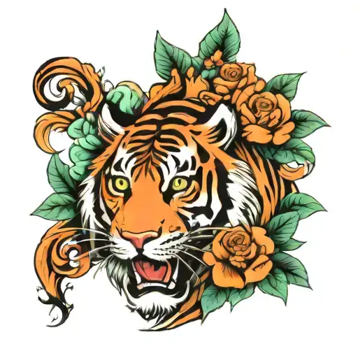 Tiger And Flowers Sleeve Tattoo Design