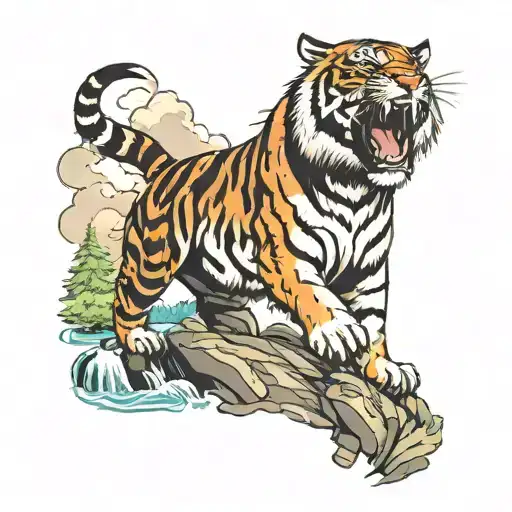 Tiger On Mountain With River Flowing