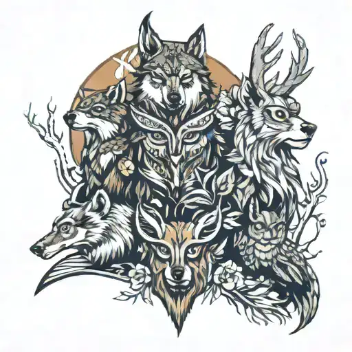 Animal Totem Pole Wolf Bear Stag And Owl Perched