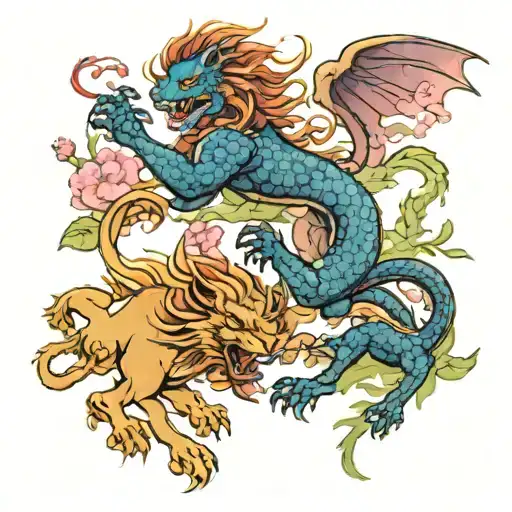 Lion And Blue Dragon Battle Demons Together In Cherry Blossom Field