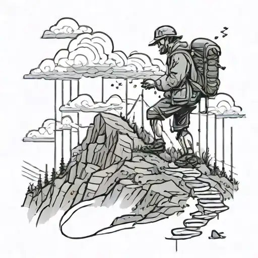 Man In The Rain Going Up Mountain With A Bad