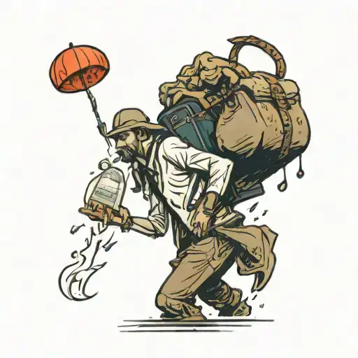 Man In Rain Going Up Mountain With A Bag Of Secrets