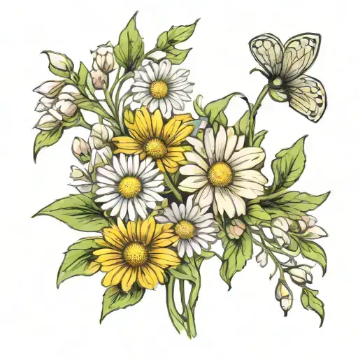 Daisy And Sweet Pea Flower Arrangement With Stem Growing