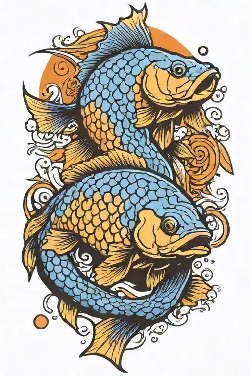 Realistic Blue And Orange Carp With Dice And Tomoe Symbol