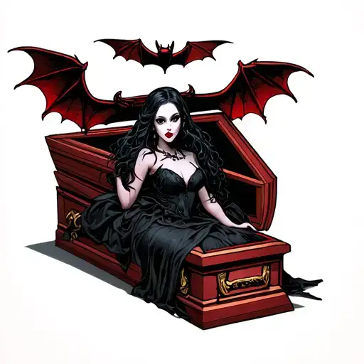 Female Vampire In A Coffin With A Winged Bat On Top Of The Coffin