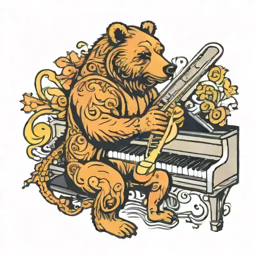 A Neotraditional Tattoo Of A Bear Playing The Piano While Surrounded By Dancers
