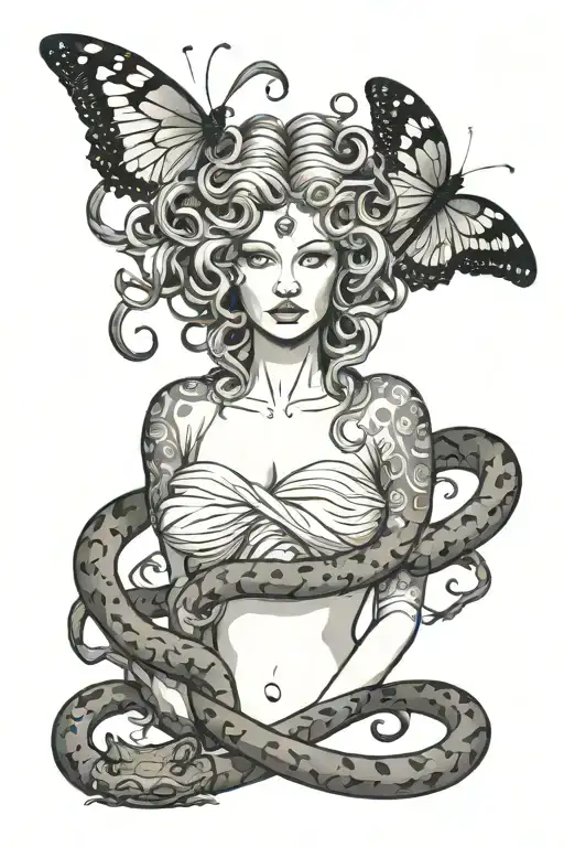 Medusa With Snakes Trying To Catch A Butterlfy In Black And Grey