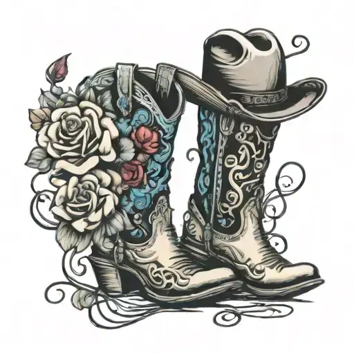 Cow Girl Boot With Whip A Cowboy Hat And Flowers Coming Out