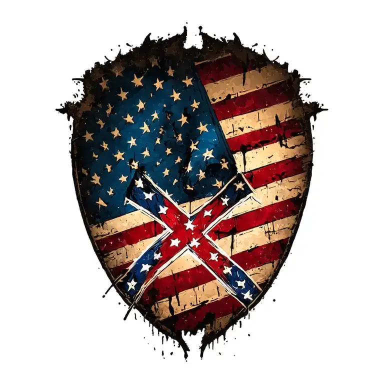 Distressed American Flag With Small Confederate Square Flag In Center