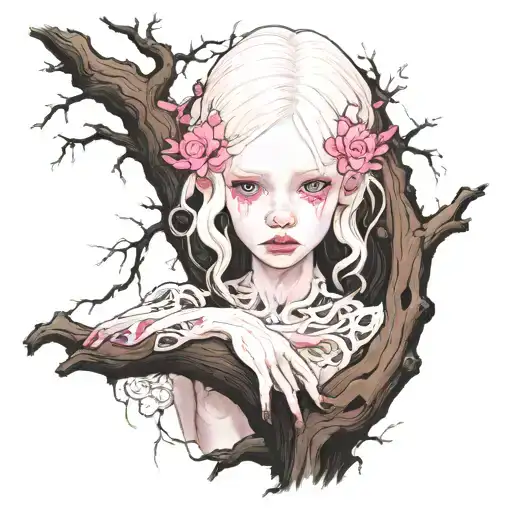 Albino Girl With Pink Eyes On A Tree