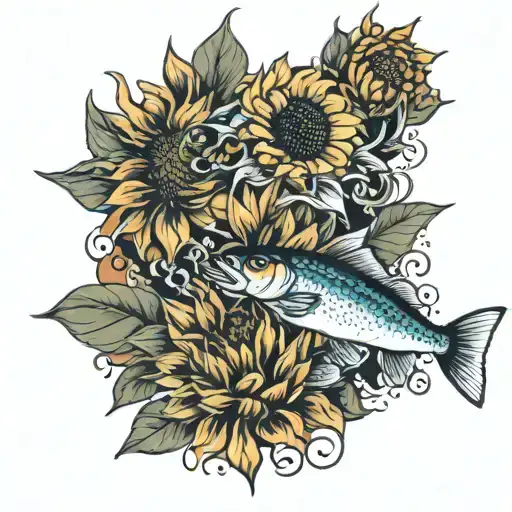 Sunflowers And The Pieces Fish Swimming