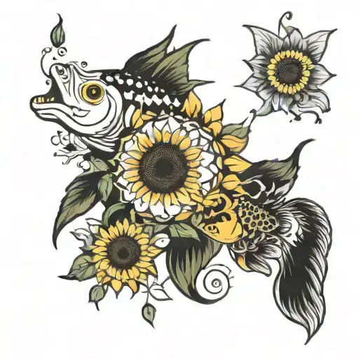 Sunflowers And The Pieces Fish Swimming
