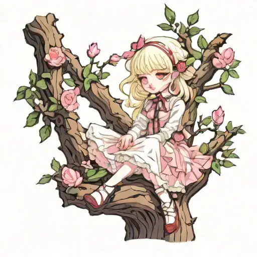 Albino Girl With Pink Eyes Sitting On A Tree In Lolita Fashion