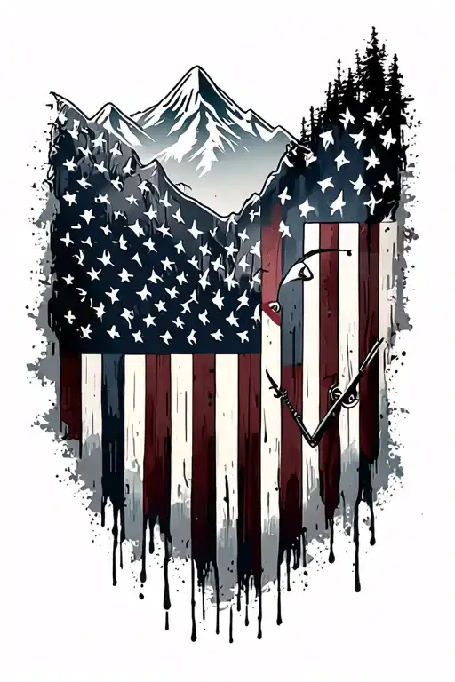 Distressed American Flag With Mountains Fishing
