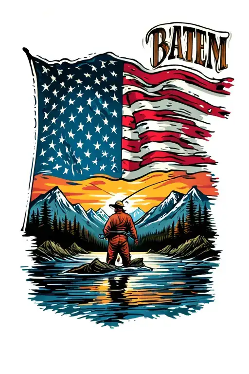Distressed American Flag With Mountains Fishing