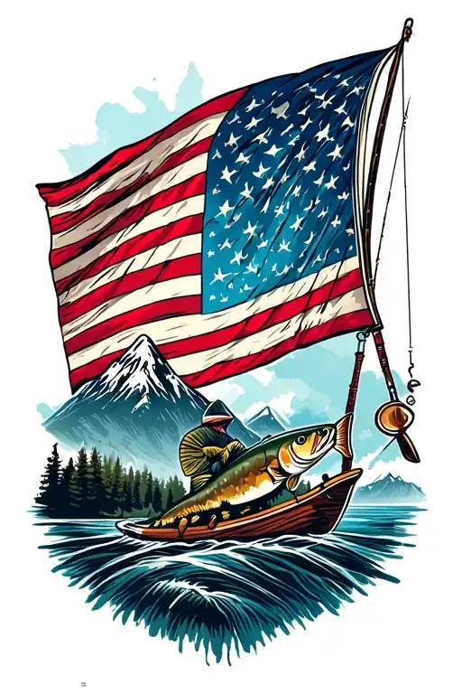 Distressed American Flag With Mountains Fishing