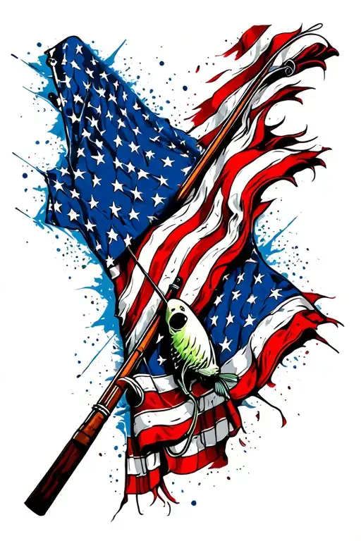 Distressed American Flag With Fishing Pole