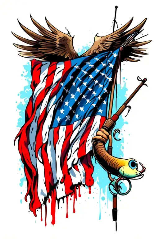 Distressed American Flag With Fishing Pole On Side