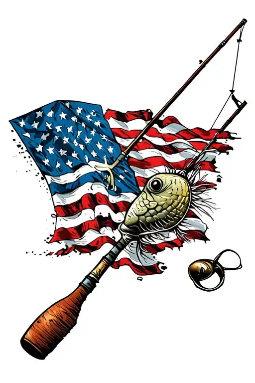 Distressed American Flag With Fishing Pole On Side