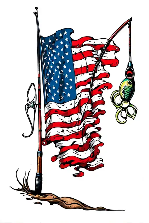 Distressed American Flag With Fishing Pole On Side