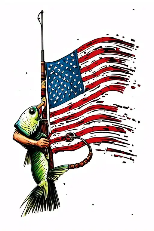 Distressed American Flag With Fishing Pole On Side