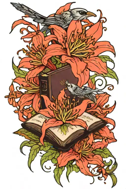 Red Spider Lily Flower Going Into Bible Quote With Bird On Top