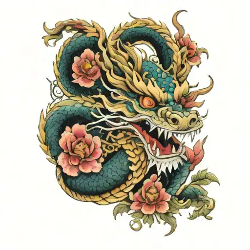 Chinese Dragon And Flowers