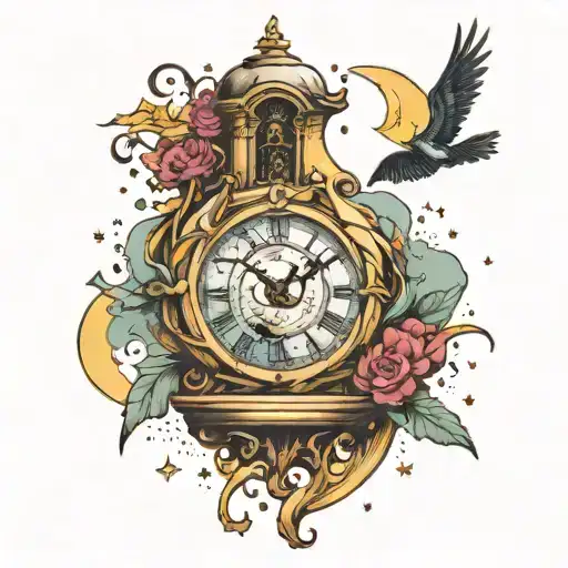 A Crumbling Clock Flying Birds Stairway To Heaven Moon Stars