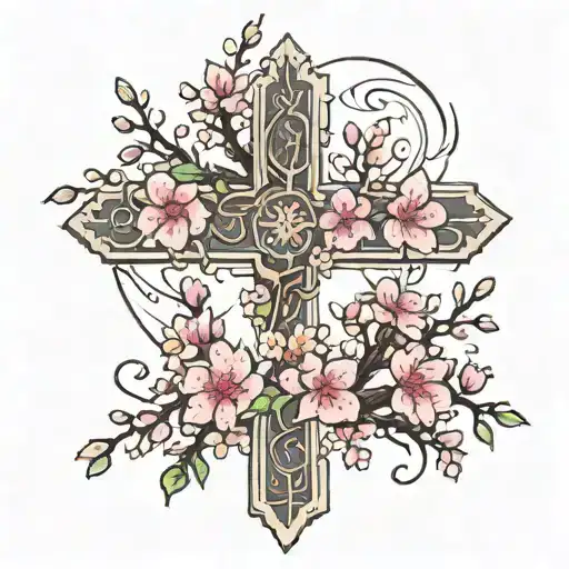 Cross With Cherry Blossom Tree With 2005 Written Vertically