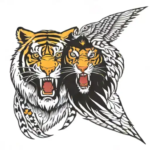 Eagle Face And A Tiger Face Next To Each Other Side
