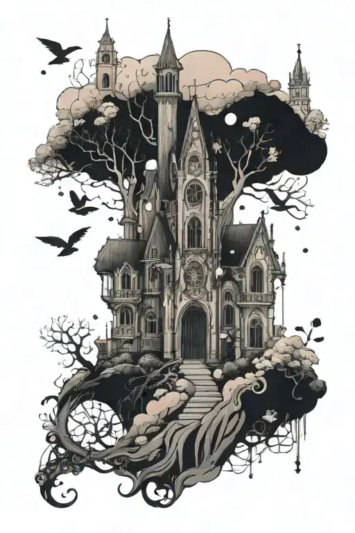 Delicate Fine Line Style Fantasy And Magical Scene Inspired By Ballet And Gothic Architecture